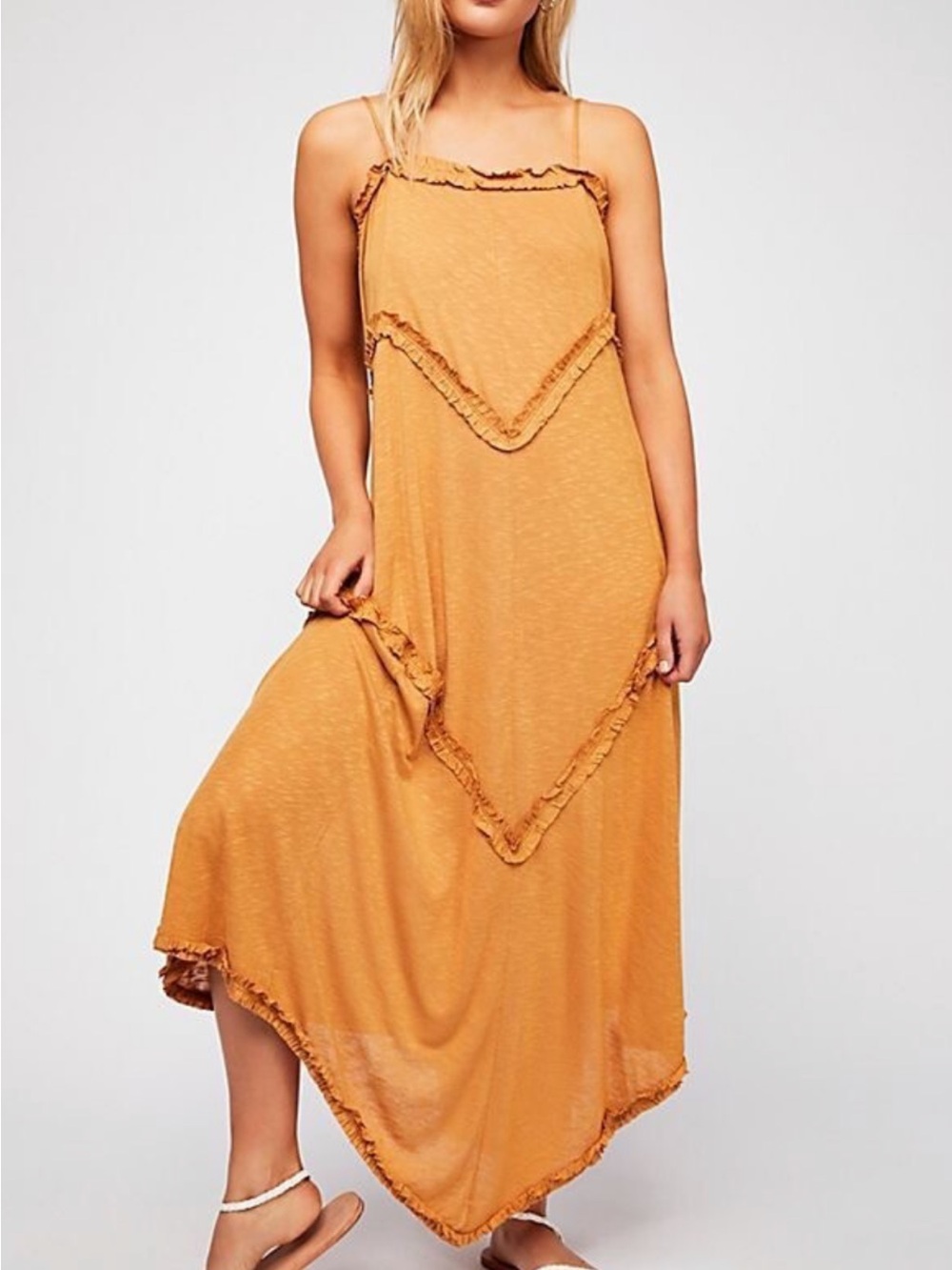Free People Asymmetrical Ruffle Maxi Dress in Mustard